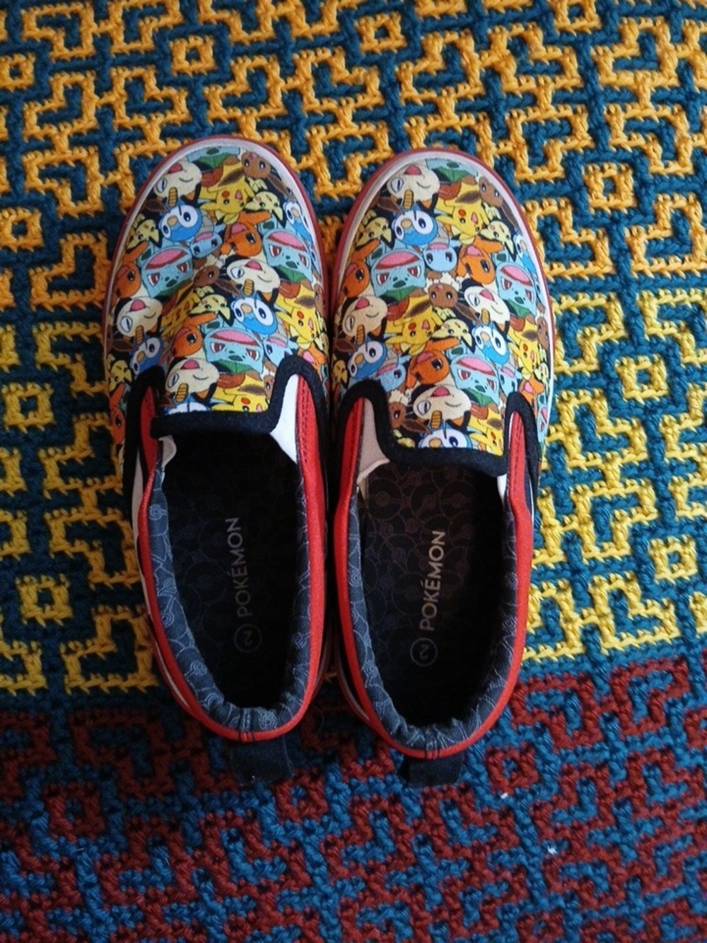 Pokemon Red Trim Slip-On Sneakers with Multicolor Character Print Excellent Cond
